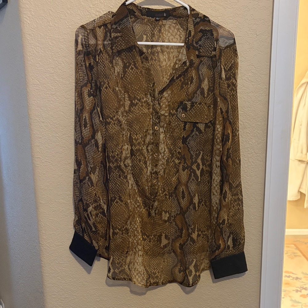 Snake Print Sheer Button-Up Blouse - Brown